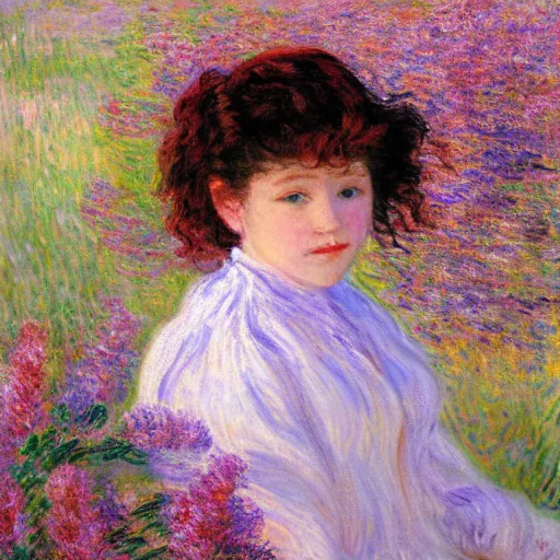 Prompt: portrait of cute girl with short curly red hair sitting in a field of lilac flowers, Monet painting