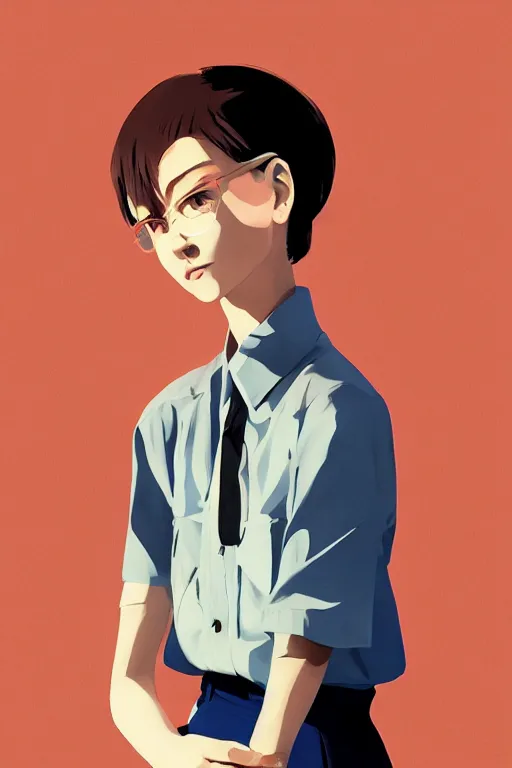 Image similar to a cute girl with shoulder - length white short hair wearing school uniform, cold color background, warm color clothes, sharp focus, pure background color, illustration, morandi color scheme, art station, by ilya kuvshinov