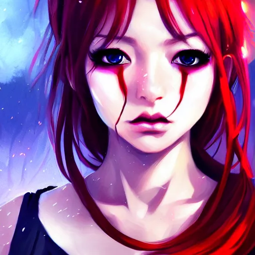 Image similar to beautiful angry girl, portrait, fire magic, red hair and makeup, cute, sharp focus, professional digital painting, pixiv popular illustrations, by suzuame 9 7, kezie demessance, enji _ works, shia - ushio, masterpiece, cinema