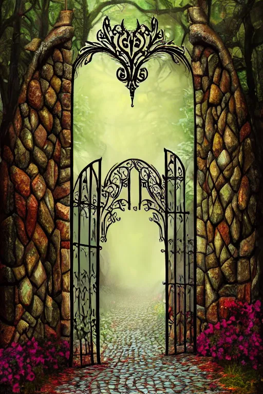 Image similar to beautiful digital painting high quality heavy iron gothic gate in the woods cobblestone ground by Lisa Frank, ,artstation behance