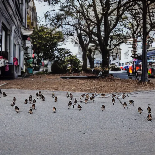 Prompt: a flock of sparrows following a little girl walking on the street