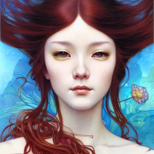 Image similar to portrait of Asuka Soryu with red long wavy hair drawn by Donato Giancola and Tom Bagshaw and Julie Bell, face by Artgerm, overall design by Alphonse Mucha, background by James Jean and Gustav Klimt, 4k, porcelain skin, komorebi, french nouveau, trending on artstation, octane render, hyperrealistic