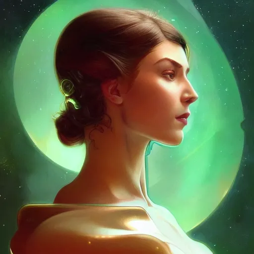 Prompt: Portrait of very very very very very very beautiful woman, spacesuit, green eyes, Amber skin, intricate, elegant, highly detailed, digital painting, artstation, concept art, smooth, sharp focus, illustration, art by artgerm and greg rutkowski and alphonse mucha