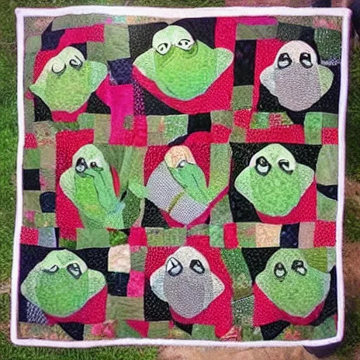 Image similar to “ a quilt of kermit, reclining on a chaise lounge, with the sun shining in the background ”