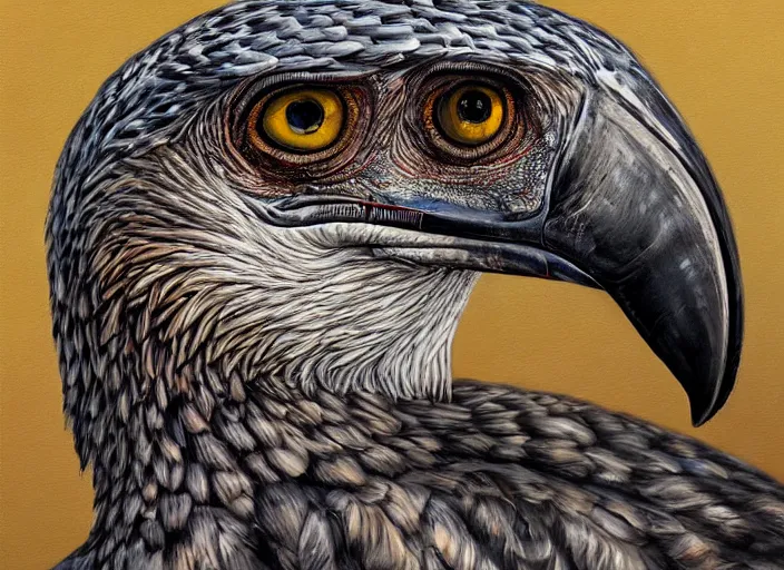 Image similar to a hyper-detailed oil portrait of a large raptor bird; an extraordinary masterpiece!!!; flawless; proud posture; photorealistic eyes; trending on artstation; f/1.4; 90mm