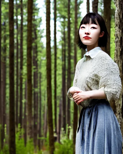 Image similar to close up portrait of an korean woman with beautiful face and modern clothes standing outside of an old cabin, forest in the background, bokeh, depth of field, dramatic lighting, cinematic, vivid colors, matte painting, vivid color scheme