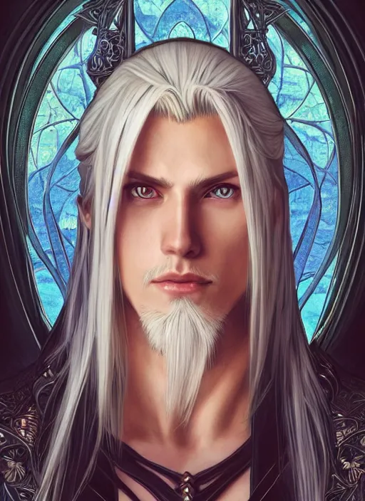 Image similar to centered portrait, Sephiroth as a male D&D Ranger, blonde hair, Art Nouveau, beautiful retro Fantasy heroine 1985, intricate, elegant, highly detailed, centered, digital painting, trending on artstation, concept art, smooth, sharp focus, illustration, art by raphael lacoste, eddie mendoza, Mucha, alex ross, WLOP