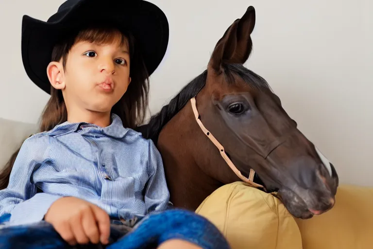 Prompt: a kid with horse head using shirt and pants and a hat while its watching tv