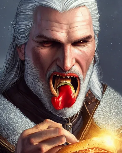 Image similar to portrait of geralt of rivia stuffing a hamburger in his mouth, fantasy, intricate, elegant, highly detailed, digital painting, artstation, concept art, smooth, sharp focus, illustration, by artgerm and greg rutkowski