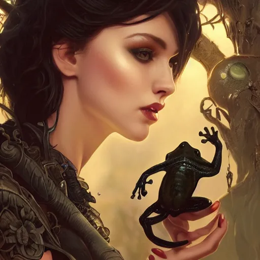 Image similar to attractive goth woman with a frog, intricate, highly detailed, digital painting, artstation, concept art, smooth, sharp focus, illustration, unreal engine 5, 8 k, art by artgerm and greg rutkowski and alphonse mucha