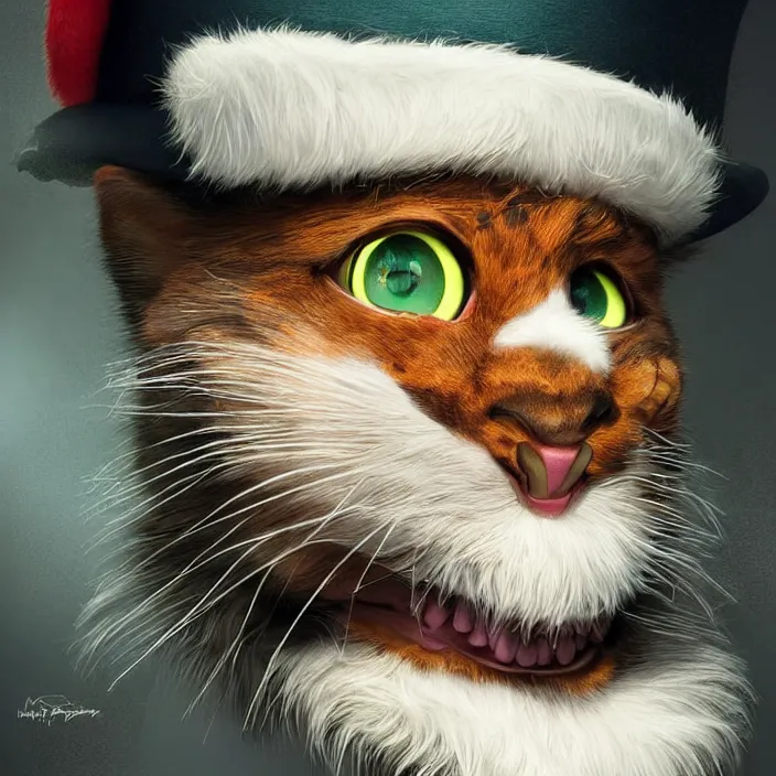 Image similar to complex 3 d render, hyper detailed, ultra sharp, christopher walken as cat in the hat, scary, cute, cinematic, head and shoulders, steampunk, natural soft light, rim light, octane render, artstation, art by artgerm and greg rutkowski and alberto seveso, dr seuss