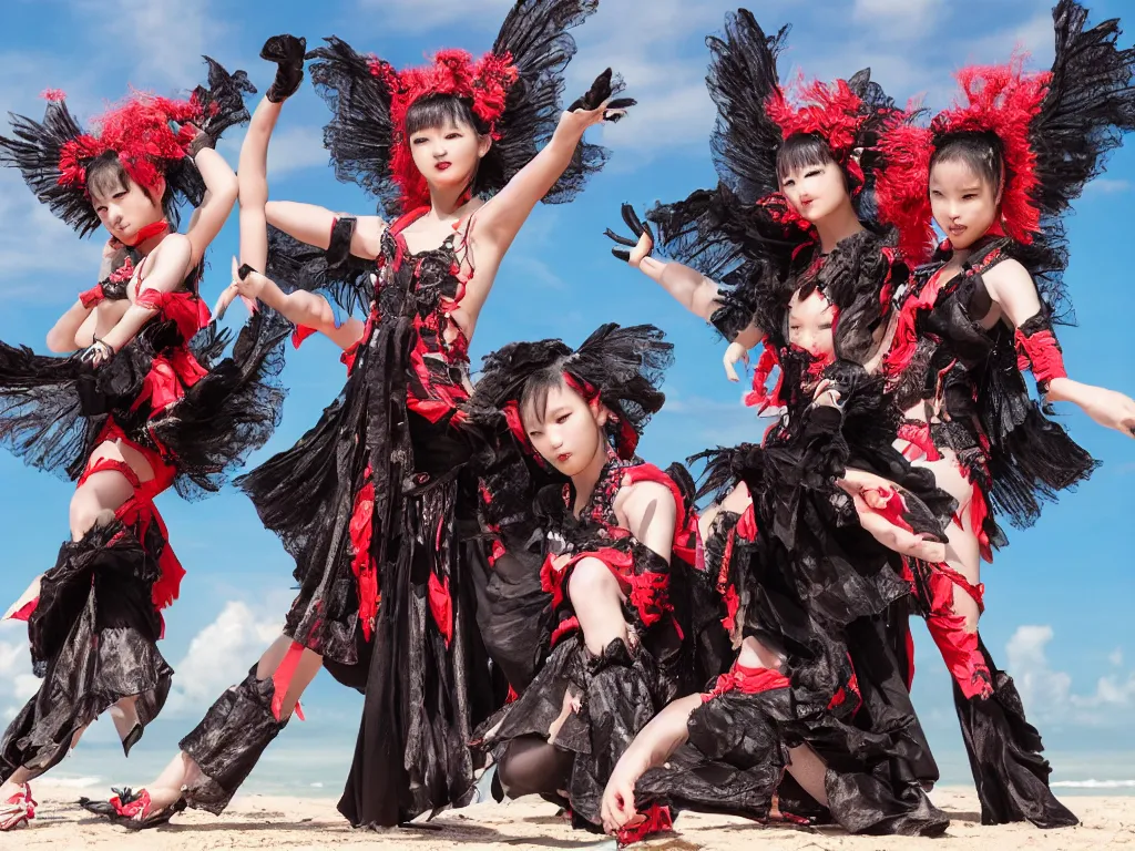 Image similar to babymetal 3 beautiful members performing on a tropical beach beautiful scenery, highly detail face, dynamic pose, High Definition detail, 8K, photography