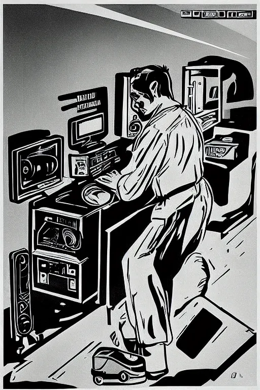 Prompt: “Room full of video production equipment. Man in front of computer. Hero! Winner! Best! Soviet propaganda poster in the style of Dmitry Moor”