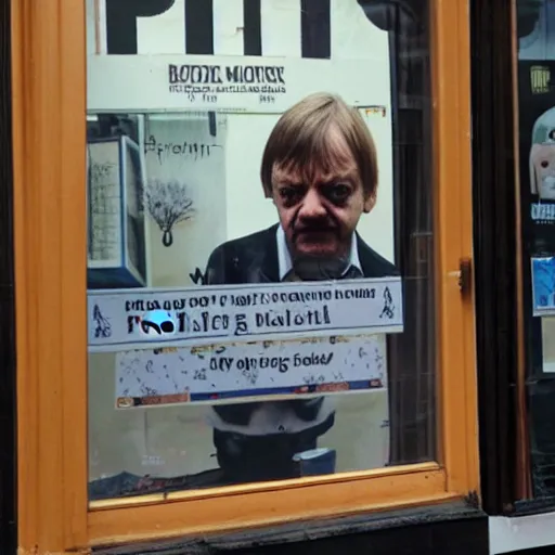 Image similar to mark e smith crouched behind a display window outside a pet shop, he is for sale