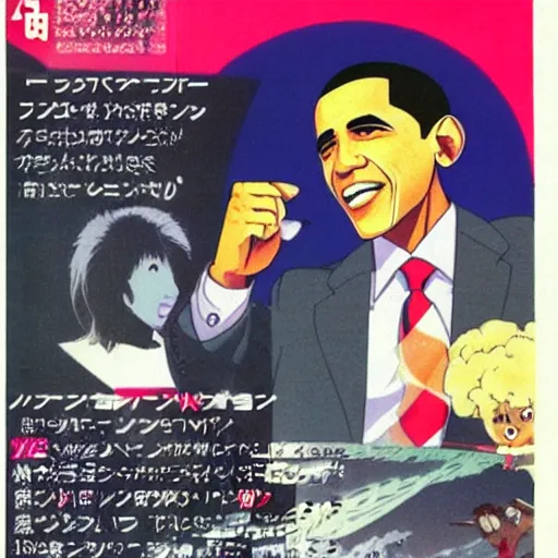 Image similar to japanese magazine advert for obama anime, 1 9 8 5