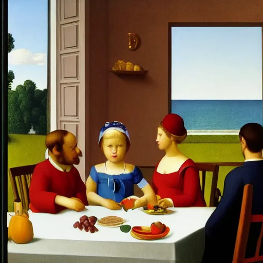 Prompt: A brillaint rendition of a family supper by Raphael, Hopper, and Rene Magritte. detailed, romantic, enchanting, trending on artstation.
