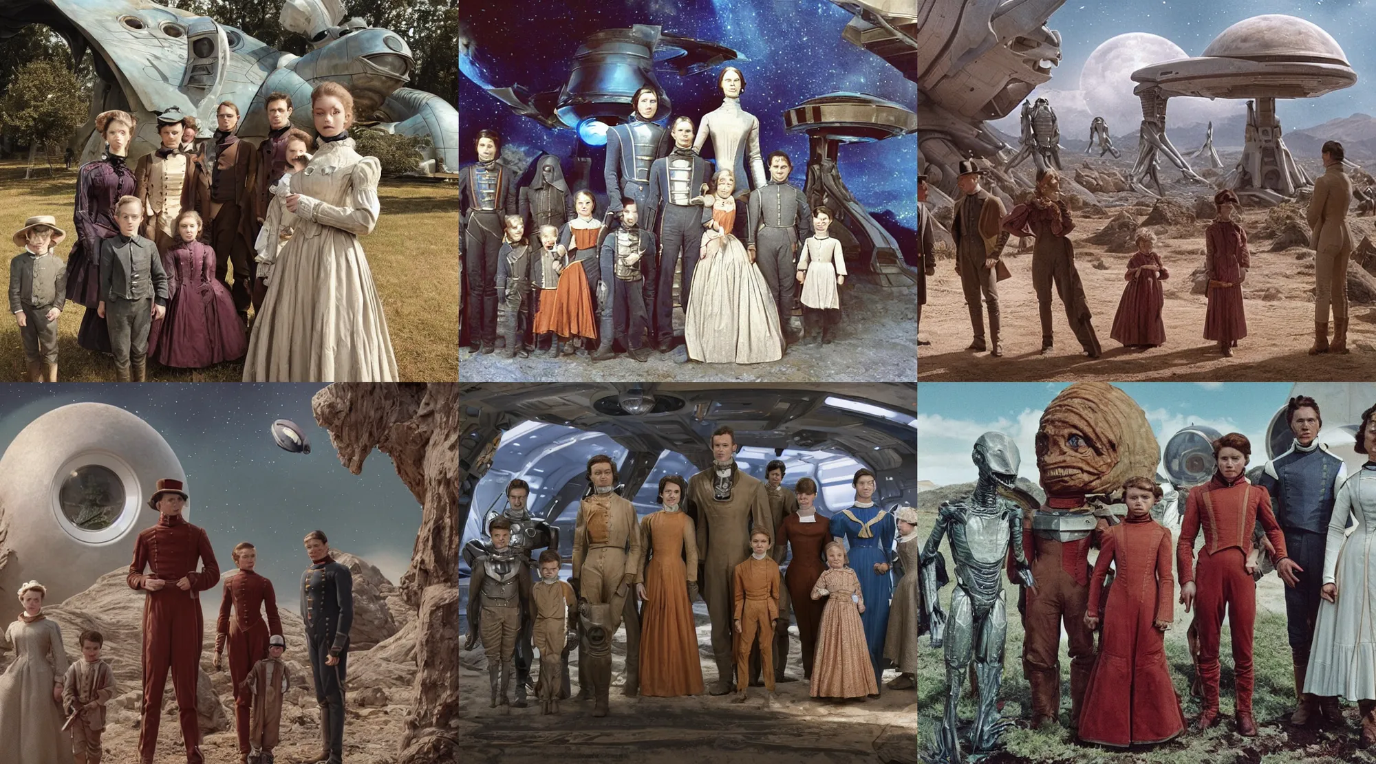 Prompt: sharp, highly detailed, 256k film still from a sci fi blockbuster color movie made in 2022, set in 1860, of a family standing in front of a spaceship that has just landed on an alien planet, a humanoid alien creature stands nearby, the family are all wearing 1850s era clothes, cinematic lighting, extremely good lighting, winner of seven oscars