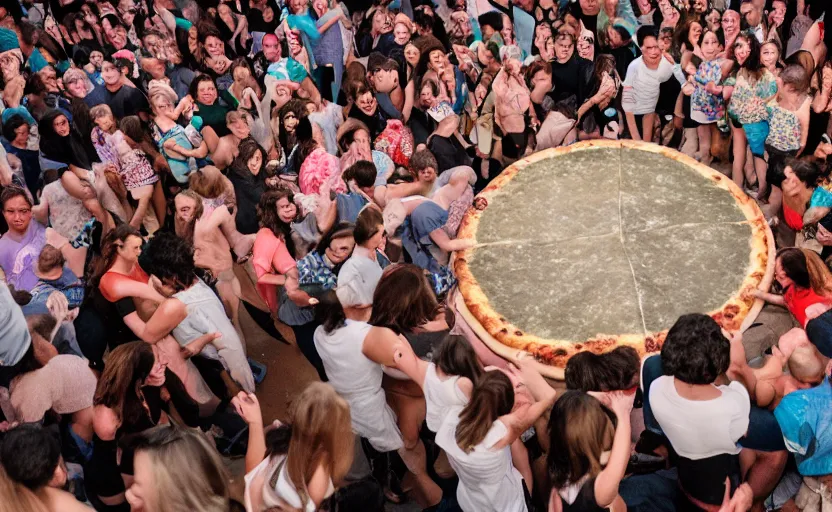 Prompt: a crowd of people dancing in a party around a giant pizza,