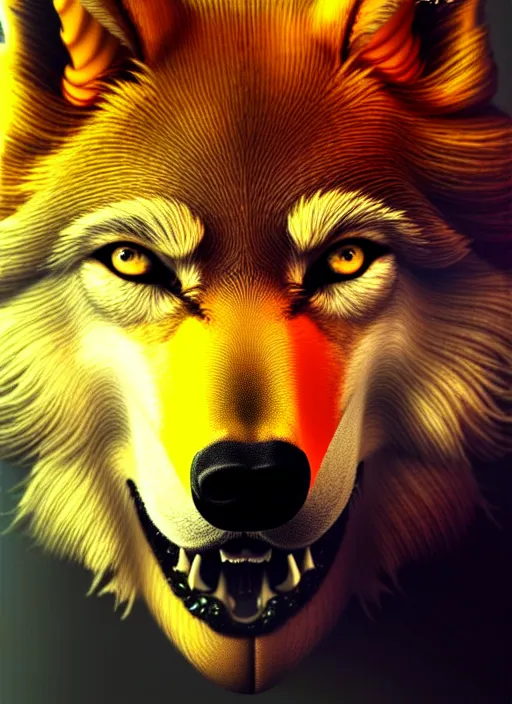 Prompt: bipedal golden wolf, sharp fangs, fiery eyes, highly detailed, deep focus, elegant, digital painting, smooth, sharp focus, illustration, ultra realistic, 8 k, art by wlop