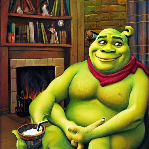 Image similar to !dream happy Shrek with brown hair sitting by the fireplace, reading a book, drinking tea, in a comfortable chair, cozy atmosphere, home, warm hues, oil painting, realistic