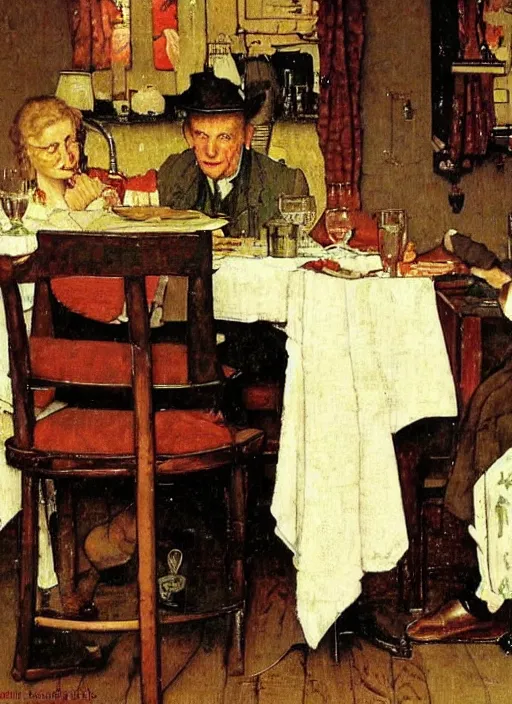 Image similar to A sad married couple having lonely dinner on a Saturday night painted by Marius Van Dokum, Norman Rockwell