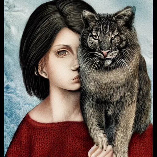 Image similar to beautiful detailed artistic portrait of a person with their spirit animal. grainy and rough. fine detail. soft colour scheme. artistic painting by lurid ( 2 0 2 2 ). featured on deviantart.