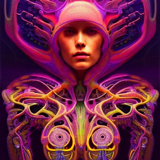 Image similar to extremely psychedelic beautiful brutalist cyborg organism infected by night. intricate, elegant, highly detailed, extremely lifelike photorealistic digital painting, artstation. steichen, gaston bussiere, tom bagshaw, brutalist cyberpunk alphonse mucha. elegant minimalism. anatomically correct. sharp focus. surreal lush melancholic cosmic hallucination