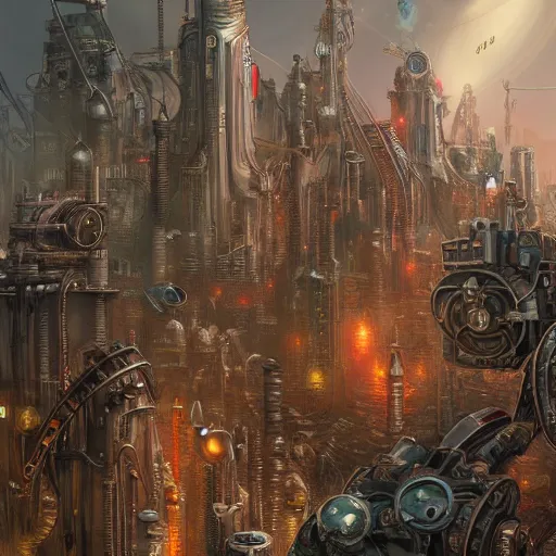 Prompt: robot city, steampunk art, fantasy style, super high detail, super high quality, talented artist, trending on artstation