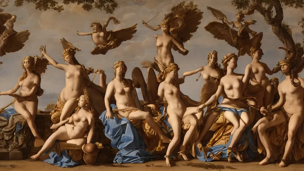 Image similar to The Judgment of Paris; he is sitting at left with Venus, Juno and Pallas Athena, a winged victory above; in the upper section the Sun in his chariot preceeded by Castor and Pollux on horseback; at lower right two river gods and a naiad above whom Jupiter, an eagle, Ganymede, Diana and another Goddess by Greg Rutkowski, Nicolas Bouvier SPARTH, James Paick, WLOP, Artgerm, PIXAR, dramatic moody sunset lighting, long shadows, Volumetric, cinematic atmosphere, Octane Render, Artstation, 8k