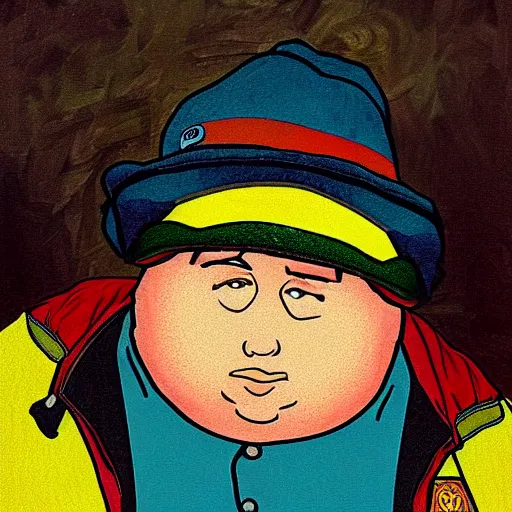 Image similar to an artistic portrait of eric cartman, high quality, studio photography, colorful, hero, heroic, beautiful, in the style of vincent van gogh