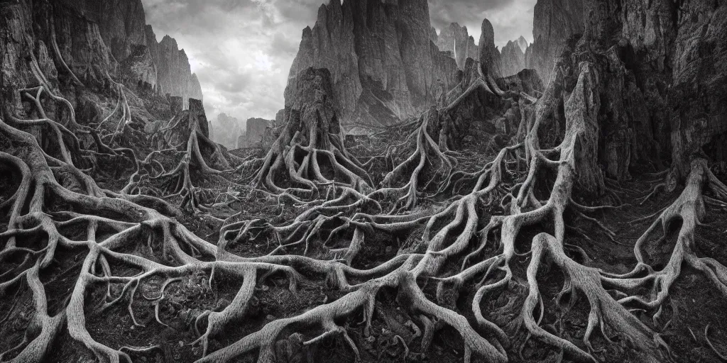 Image similar to photography of dolomites overgrown by roots, dolomites, alpine, detailed intricate insanely detailed octane render, 8k artistic 1920s photography, photorealistic, chiaroscuro, black and white, hd, by David Cronenberg, Raphael, Caravaggio