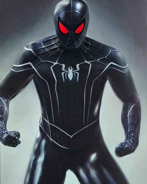 Prompt: hybrid of a stealth suit and spider - man, photorealistic oil painting, hyperdetailed, realistic