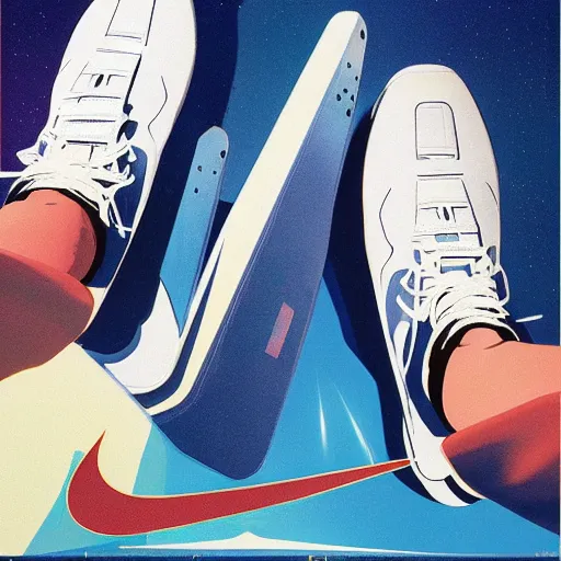 Image similar to retro futuristic Nike Space Hippie x Off-white sneakers by syd mead, matte painting, geometric shapes