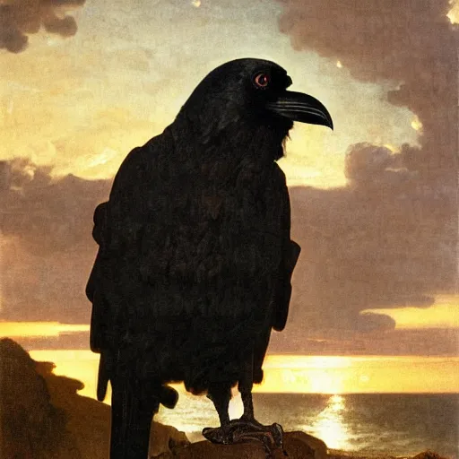 Image similar to a beautifully highly detailed close up portrait of a raven under a rock arch, coves crashing waves plants, beautiful serene sunset, detailed organic textures, by frederic leighton and rosetti and turner and eugene von guerard, 4 k