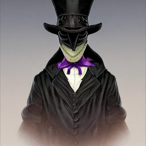 Image similar to mediaeval plague doctor wearing a top hat with a purple ribbon, intricate, epic, highly detailed, digital painting, artstation, concept art, smooth, sharp focus, illustration, unreal engine 5, 8 k, art by artgerm and greg rutkowski and alphonse mucha