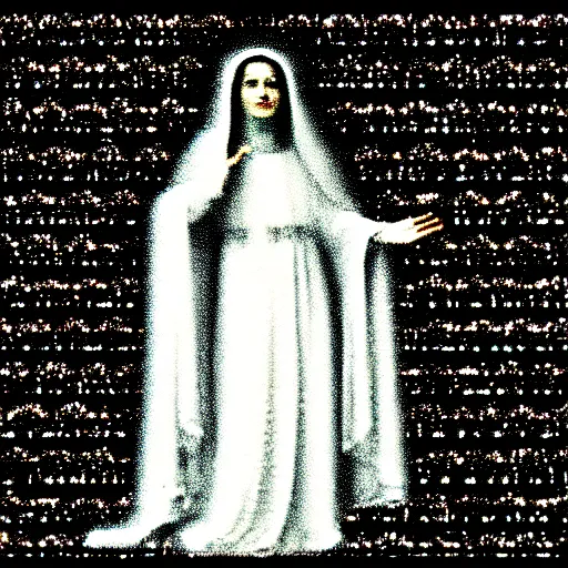 Image similar to vhs static overlay of marian apparition, vhs, 1 9 9 0, highly realistic, highly detailed, vhs noise static, black and white, vhs glitch