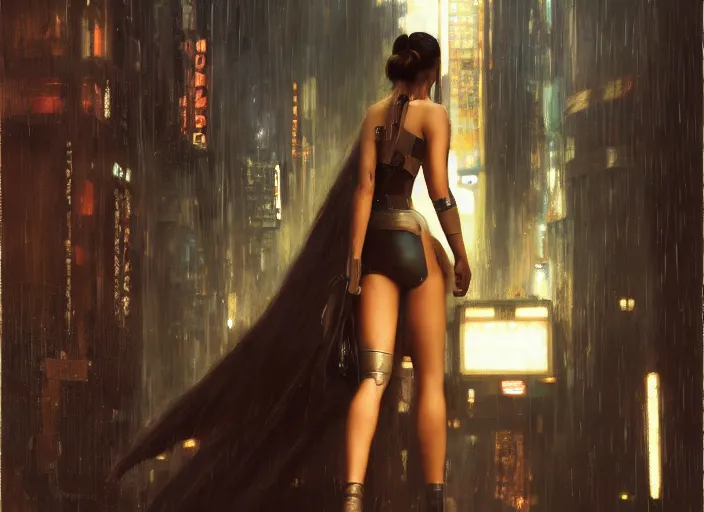 Image similar to maria the android evading blade runner ( blade runner 2 0 4 9, dystopian, cyberpunk 2 0 7 7 character design ). orientalist portrait by john william waterhouse and james gurney and theodore ralli and nasreddine dinet, oil on canvas. cinematic, hyper realism, realistic proportions, dramatic lighting, high detail 4 k