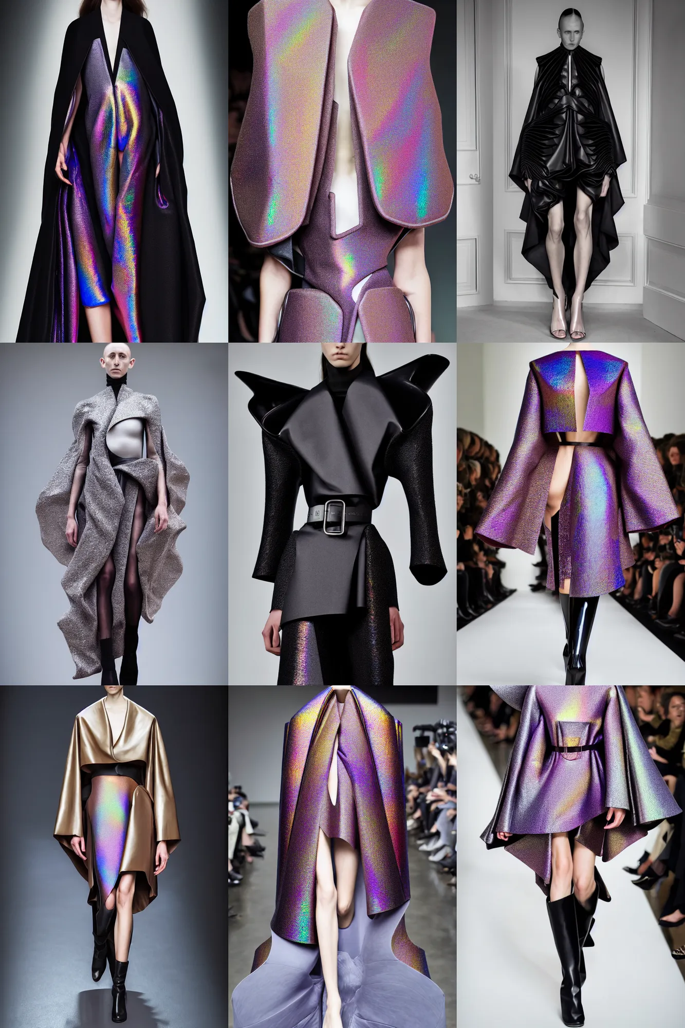 Prompt: haute couture modern iris van herpen fold volume coat with open neckline, double layer oversize curved seam top, double layer fold over hem, cropped wide sleeve, self belt with leather covered ring closure, back slit, tonal topstitching, intricate hardware, lined in cotton, holographic tones scheme sigma, avant modern runway design 8 5 mm f _ 8, high detail