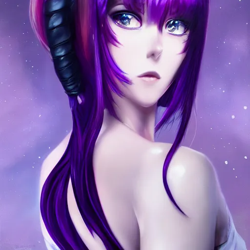 Image similar to beautiful anime woman with purple hair, ( ( ( ( ( unicorn horn ) ) ) ) ) ( ( ponytail ) ) ( ( ( purple eyes ) ) ), a purple tuxedo, sharp focus, intricate, cell shaded, award winning photography, cinematic, digital painting, cinematic, wlop, 8 k, by ross tran, tom bagshaw