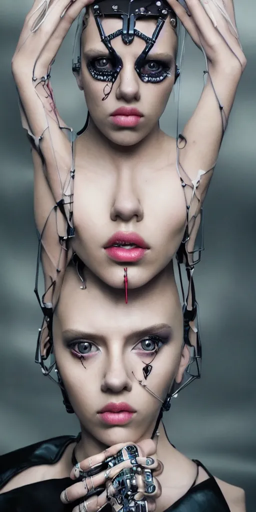 Image similar to hyperrealistic futuristic high fashion photography, girl in studio, full body, cybernetic parts, asian, scarlett johansson, vogue magazine, nomad masterpiece, nano parts, neon lights, smoke, eerie music, beautiful intricate face and flawless skin, tribal jewelry, tattoos, perfect hands, head piece, by Edgar Maxence and Ross Tran and Michael Whelan, 8k, octane render