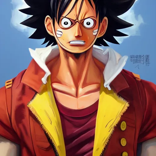 Image similar to Portrait painting Luffy as an Overwatch character, medium shot, asymmetrical, profile picture, Organic Painting, sunny day, Matte Painting, bold shapes, hard edges, street art, trending on artstation, by Huang Guangjian and Gil Elvgren and Sachin Teng