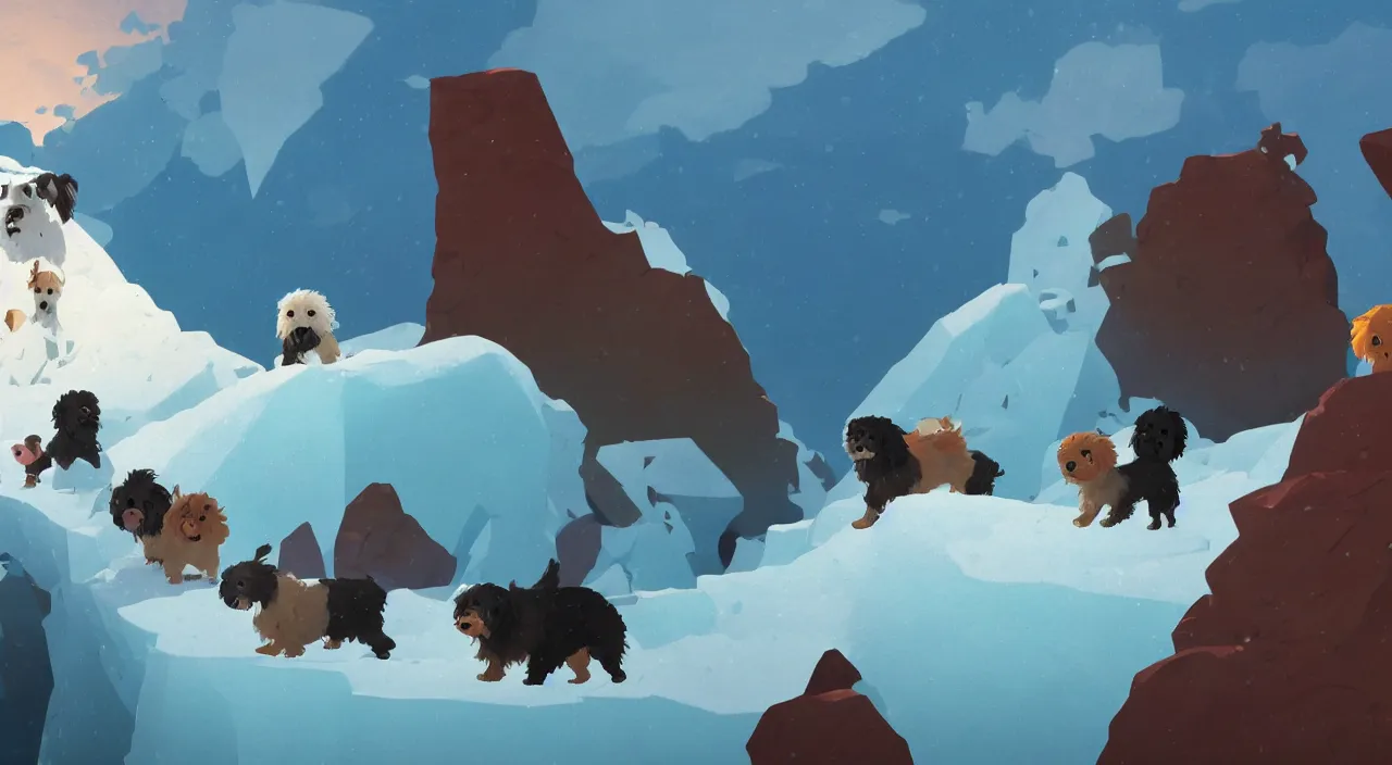 Image similar to havanese dogs rescuing arctic explorers at the edge of an ice cliff, 1 9 0 0, tartakovsky, atey ghailan, goro fujita, studio ghibli, rim light, scary, afternoon lighting, clear focus, very coherent