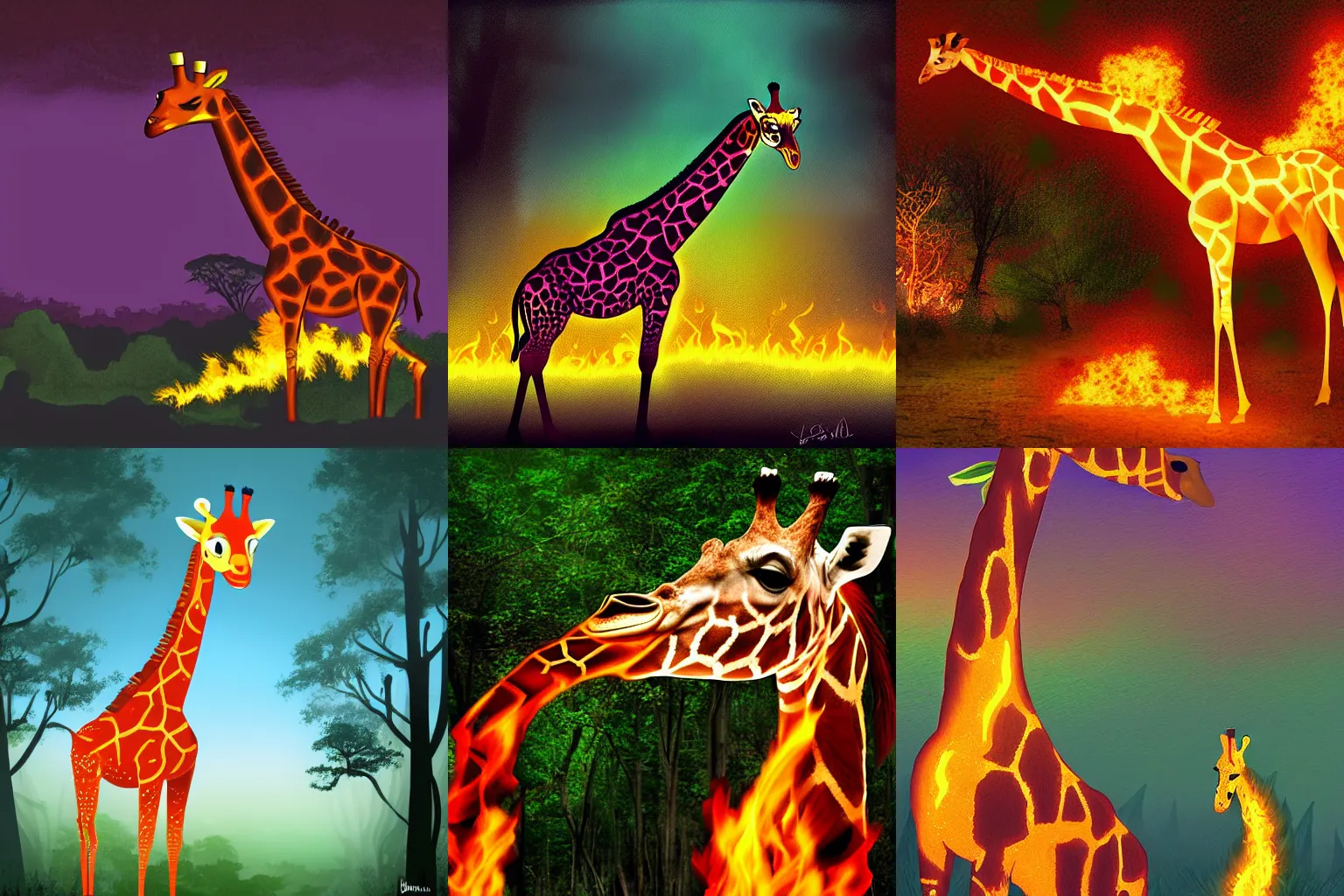 Prompt: a giraffe made of fire in front of a dark jungle, digital art