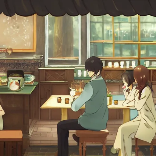 Image similar to the tea shop on the corner, a scene drawn by Makoto Shinkai