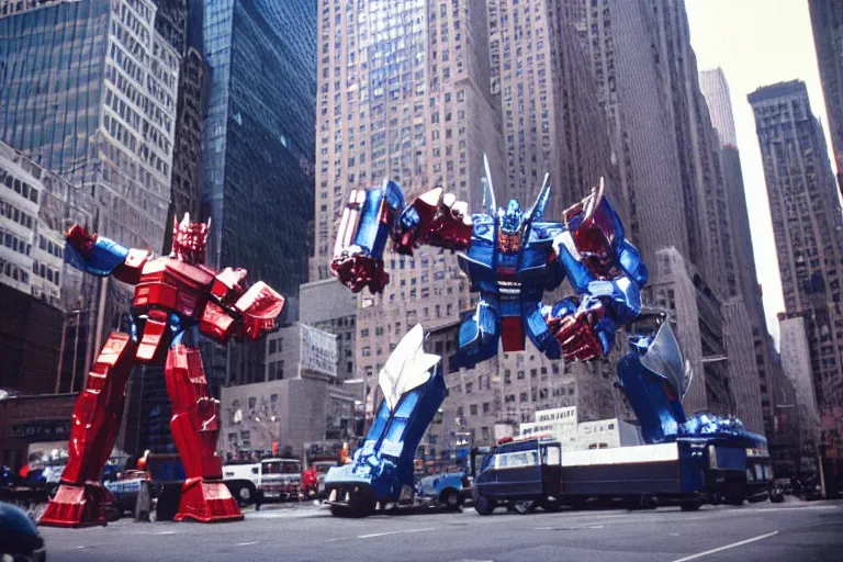 Image similar to optimus prime fighting godzilla in new york city, cinestill,