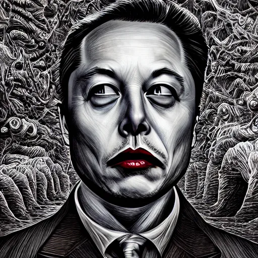 Prompt: elon musk scariest horror nightmare by junji ito, digital art, deepdream cosmic, 3 d high definition, trending on artstation, photorealistic, high resolution, 8 k, octane, hyper detailed, trending on deviantart insane details, intricate, elite, ornate, elegant trend, highly detailed and intricate, sharp focus, photography, unreal engine