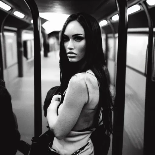 Prompt: fujifilm superia photo portrait of megan fox in the london subway, gloomy, grainy