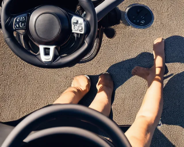 Image similar to top view of convertible, cat sitting in driver seat with paws on steering wheel, golden hour