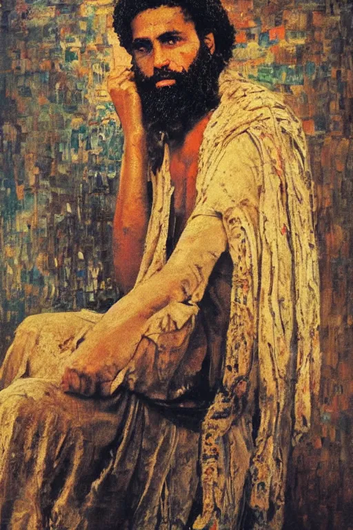 Image similar to highly detailed palette knife oil painting of a historically accurate depiction of the ancient biblical egyptian prince moses, thoughtful, by Peter Lindbergh, impressionistic brush strokes, painterly brushwork