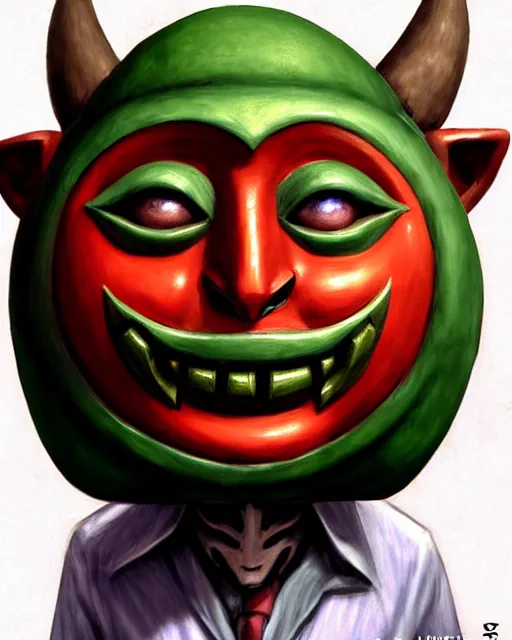 Image similar to character concept art of the happy mask salesman from the legend of zelda : majora's mask | | handsome - fine - face, pretty face, realistic shaded perfect face, fine details by stanley artgerm lau, wlop, rossdraws, james jean, andrei riabovitchev, marc simonetti, and sakimichan, tranding on artstation